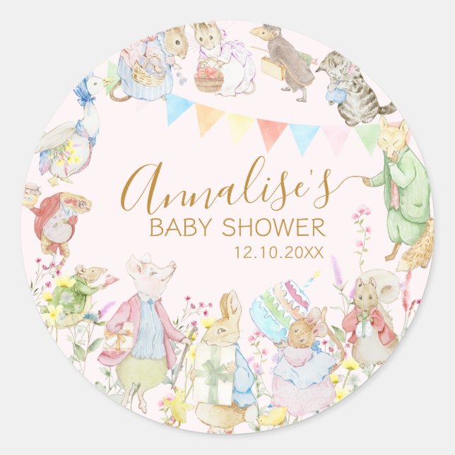 Beatrix Peter the Rabbit Woodland Baby Shower Classic Round Sticker (Front)
