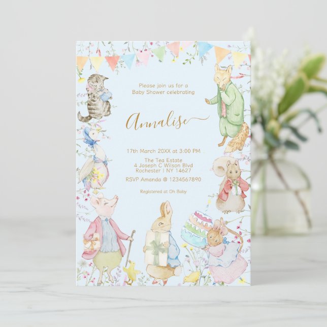 Beatrix Peter the Rabbit Woodland Baby Shower Invitation (Standing Front)