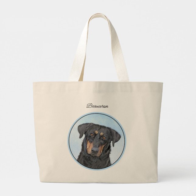 Beauceron Black and Tan Painting Sheepdog Dog Art Large Tote Bag (Back)