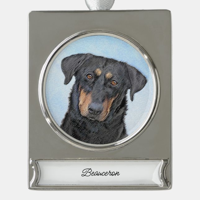 Beauceron Painting - Cute Original Dog Art Silver Plated Banner Ornament (Front)