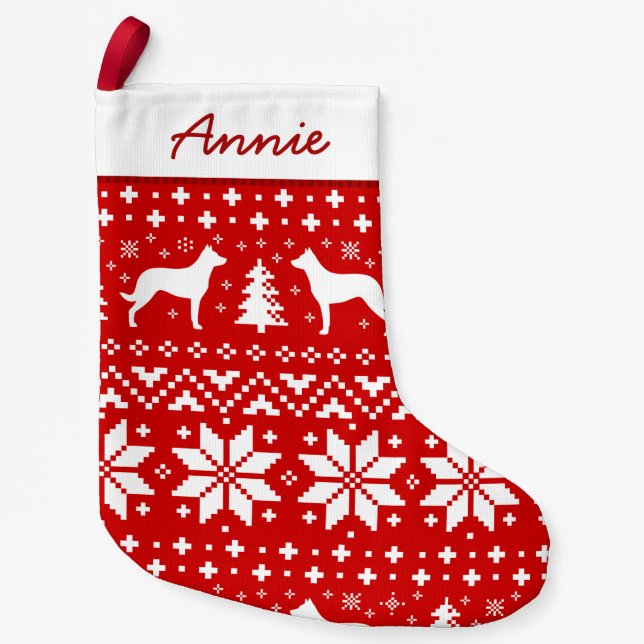 Beauceron Silhouettes Dogs Holiday Pattern Red Small Christmas Stocking (Front)