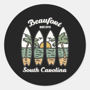 Beaufort South Carolina Surfing Surfer Sunset Palm Classic Round Sticker