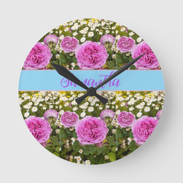 Beauitful Pink Roses and Daisies Floral Round Clock (Front)