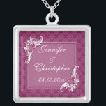 Beaujolais Damask and Floral Frame Wedding Silver Plated Necklace<br><div class="desc">A vintage style design for your upcoming nuptials featuring a subtle damask pattern on a beaujolais pink background. The text is surrounded by a rectangular frame with a floral swirl in two of the corners with a raised printed effect. The text is fully customisable for your own special occasion. The...</div>