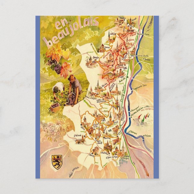 Beaujolais France Vintage Map Postcard (Front)