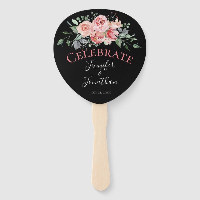 Beautful Pink Roses Bouquet on Black Hand Fan (Front)