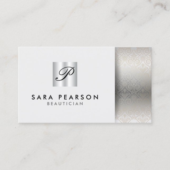 Beautician Elegant Silver Monogram Damask Business Card (Front)