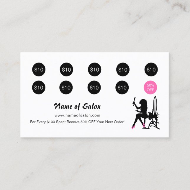 Beautician Pink and Black Girly Girl Salon Loyalty (Front)