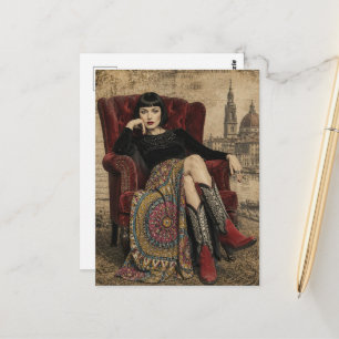 Beautiful 1920s Woman Sits in a Red Chair Postcard