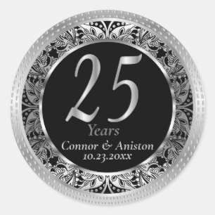Beautiful 25th Silver Metallic and Black Classic Round Sticker