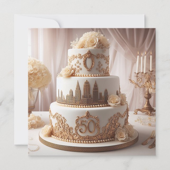 BEAUTIFUL 50TH WEDDING ANNIVERSARY CAKE  INVITATION (Front)