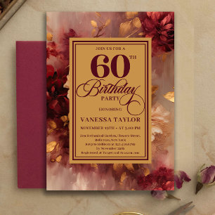 Beautiful 60th Birthday Burgundy Roses Gold Invite