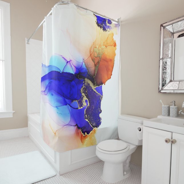 Beautiful Abstract Art Indigo Blue Orange Shower Curtain (In Situ)