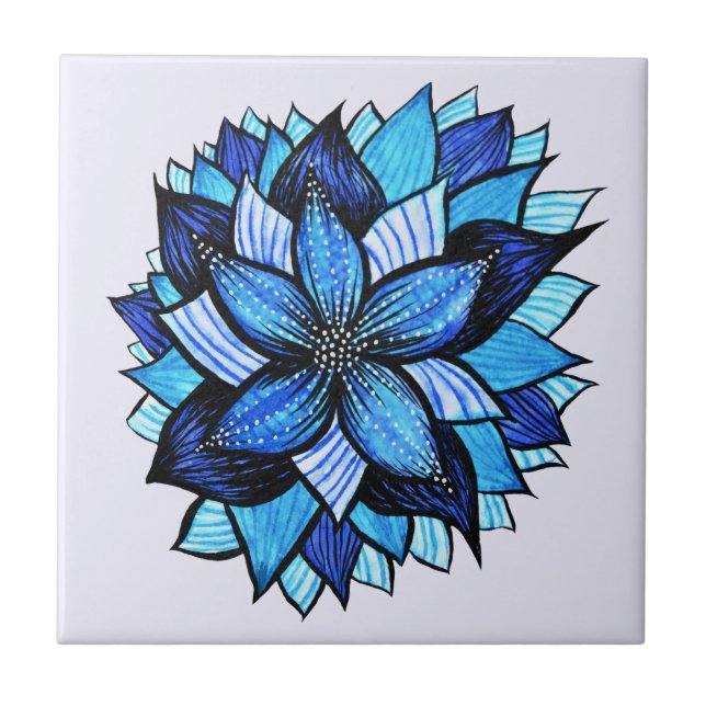 Beautiful Abstract Blue Flower Ink Drawing Tile (Front)
