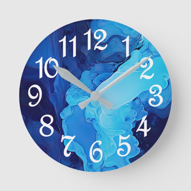 Beautiful Abstract Blue Modern Artistic Fluid Art Round Clock (Front)