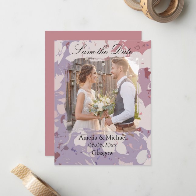 Beautiful Abstract Floral Save The Date Card (Front/Back In Situ)
