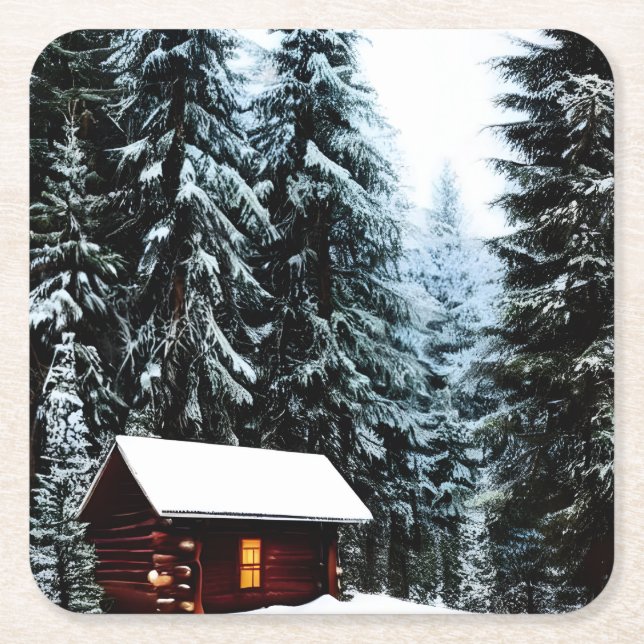 Beautiful Abstract Little Winter Cabin Square Paper Coaster (Front)