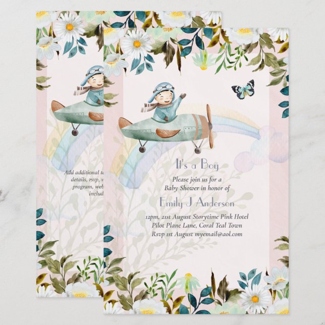Beautiful Aeroplane Pilot Boys Baby Shower Invite (Front/Back)