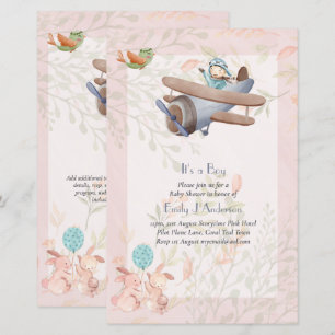Beautiful Aeroplane Pilot Boys Baby Shower Invite