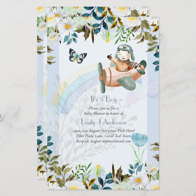 Beautiful Aeroplane Pilot Boys Baby Shower Invite (Front/Back)
