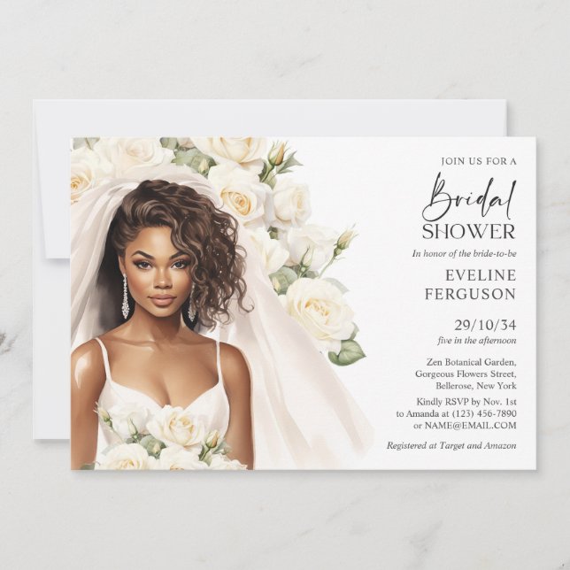 Beautiful African American Bride white roses boho Invitation (Front)