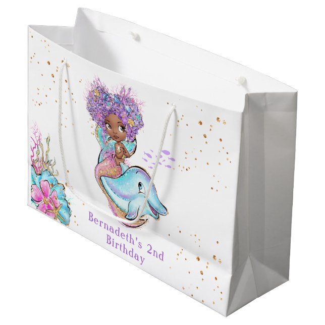 Beautiful African American Mermaid Birthday Party  Large Gift Bag (Front Angled)