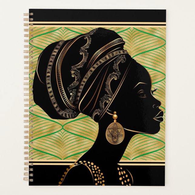 Beautiful African American Woman Green Black Gold Planner (Front)