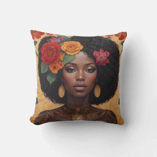 Beautiful African American Woman With Flowers Cushion (Front)