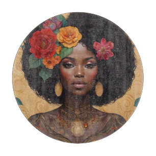 Beautiful African American Woman With Flowers Cutting Board