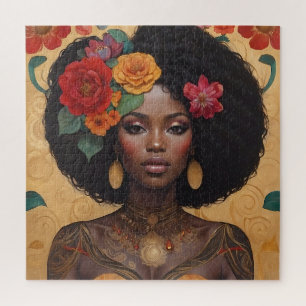 Beautiful African American Woman With Flowers Jigsaw Puzzle