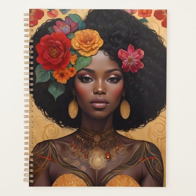Beautiful African American Woman With Flowers Planner (Front)
