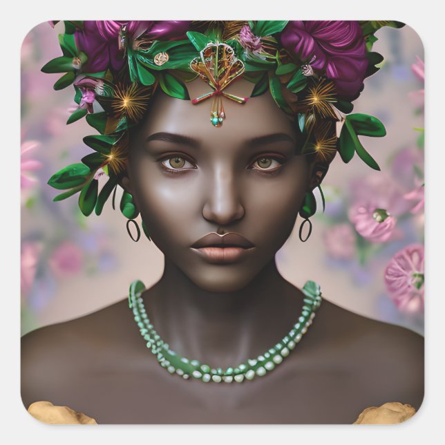 Beautiful African-American Woman with Flowers Square Sticker (Front)