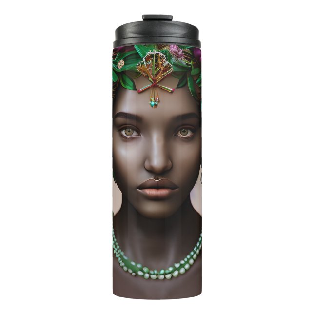 Beautiful African-American Woman with Flowers Thermal Tumbler (Front)