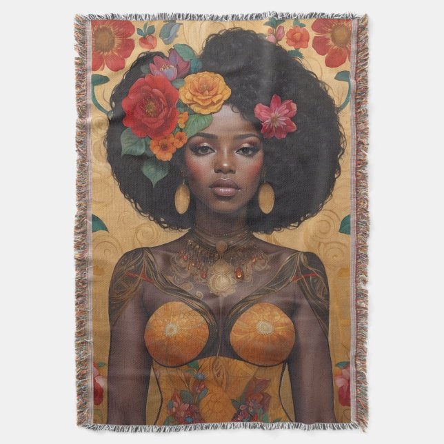 Beautiful African American Woman With Flowers Throw Blanket (Front Vertical)