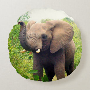 Beautiful African Elephant & Tropical Plants Round Cushion