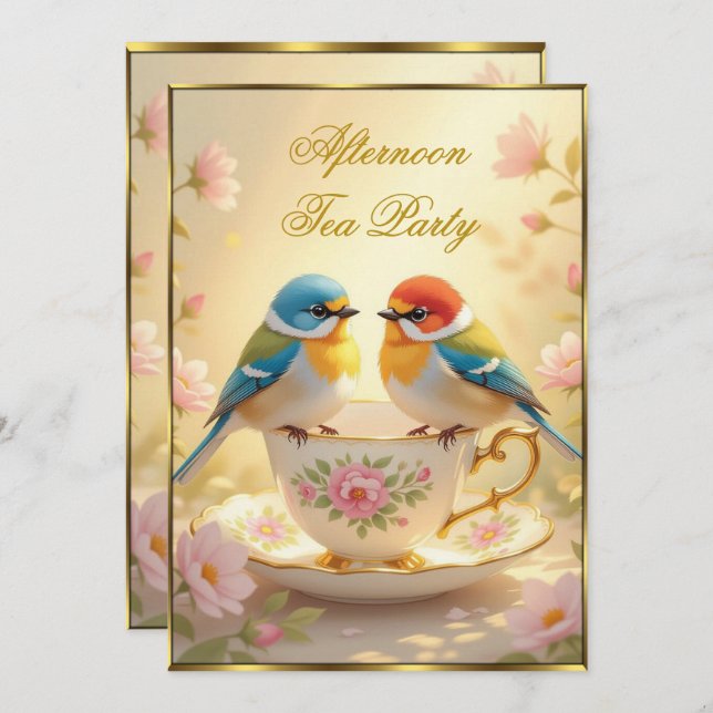 Beautiful Afternoon Tea Party Colourful Birds  Invitation (Front/Back)
