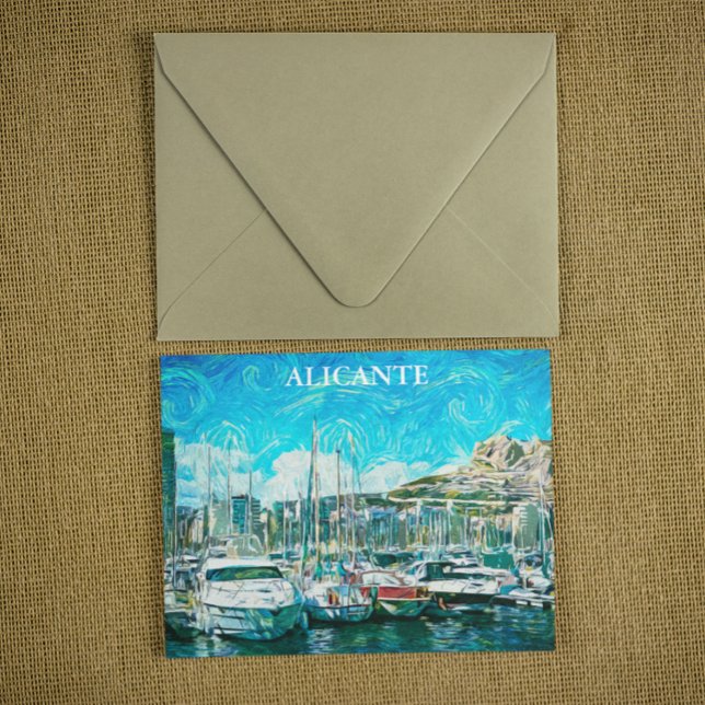 Beautiful Alicante Oil paint Illustration Postcard (Alicante Spain coastal view postcard)