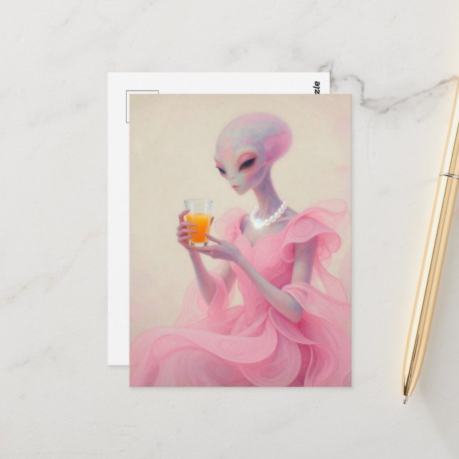 Beautiful Alien Lady in Pink With Orange Juice Postcard (Front/Back In Situ)