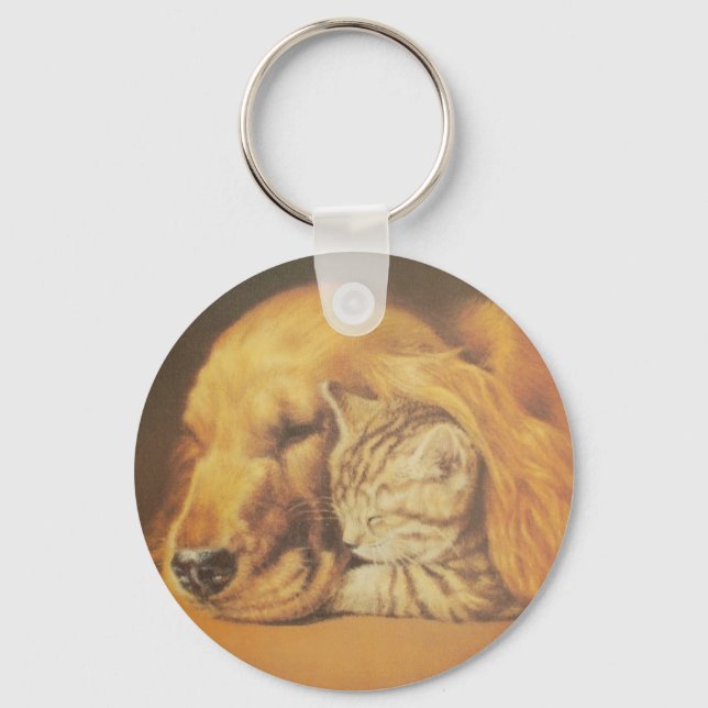 Beautiful Amazing Cat and Dog Cuddling Art Print Key Ring (Front)