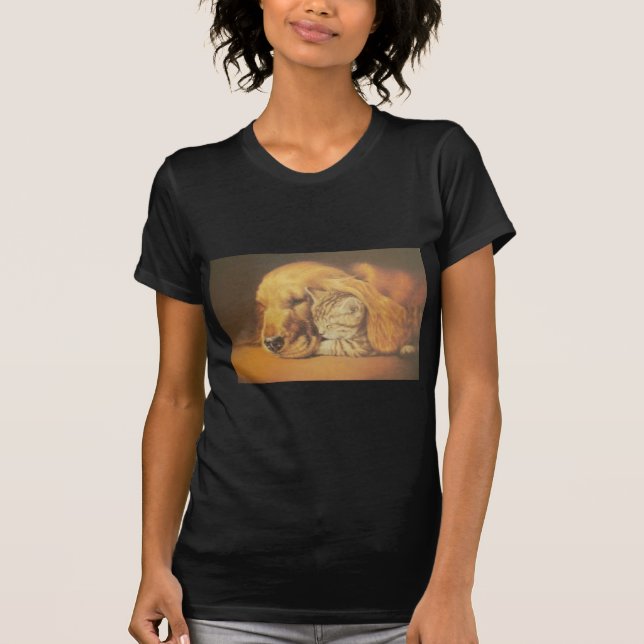 Beautiful Amazing Cat and Dog Cuddling Art Print T-Shirt (Front)