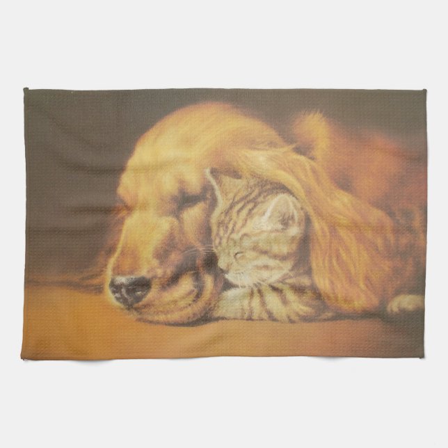 Beautiful Amazing Cat and Dog Cuddling Art Print Tea Towel (Horizontal)