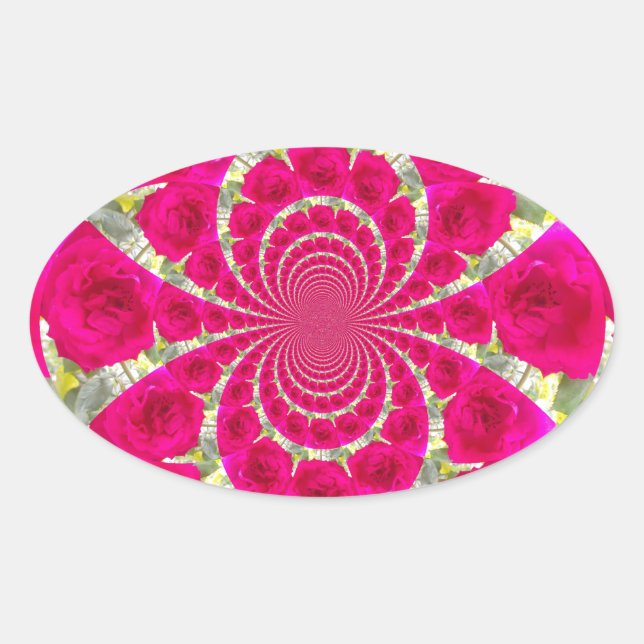 Beautiful Amazing Red Roses Kaleidoscope Pattern Oval Sticker (Front)