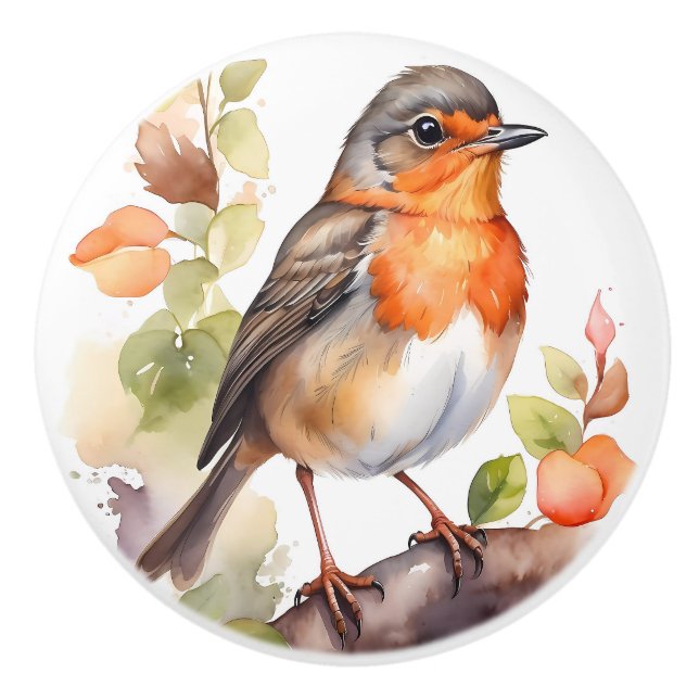 Beautiful American Robin Bird Watercolor Ceramic Knob (Front)