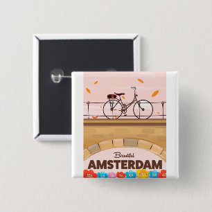 Beautiful Amsterdam cycling travel poster. 15 Cm Square Badge