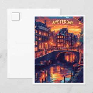 Beautiful Amsterdam Vintage Illustration Travel Postcard