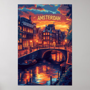 Beautiful Amsterdam Vintage Illustration Travel Poster