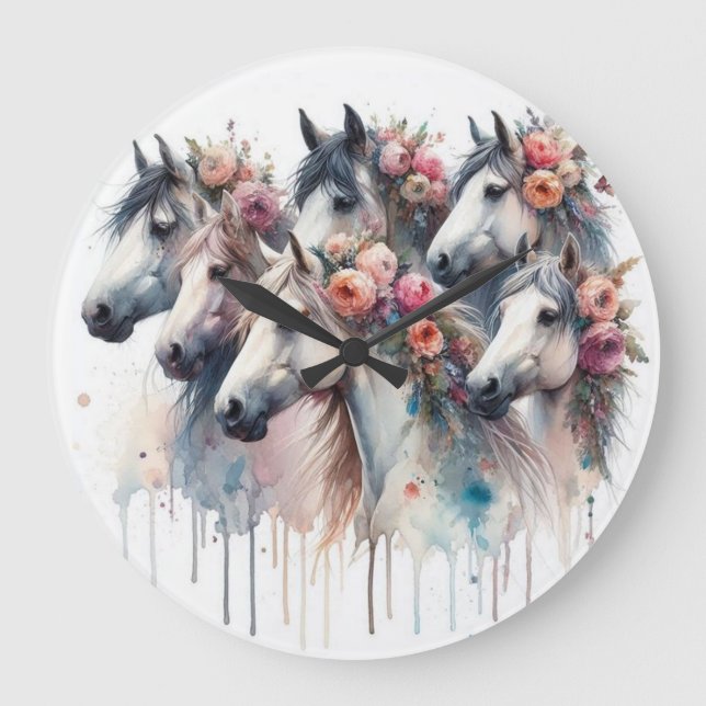 Beautiful and Colourful Watercolor Horses Clock (Front)