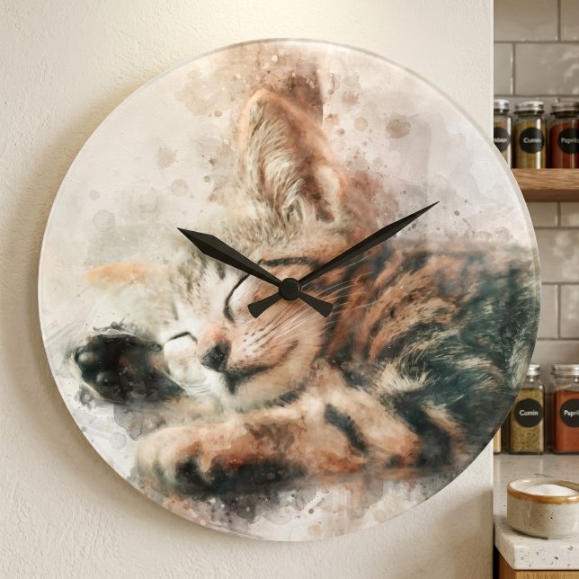 Beautiful and cute kitten sleeping watercolor large clock (Beautiful and cute kitten sleeping watercolor. large clock)