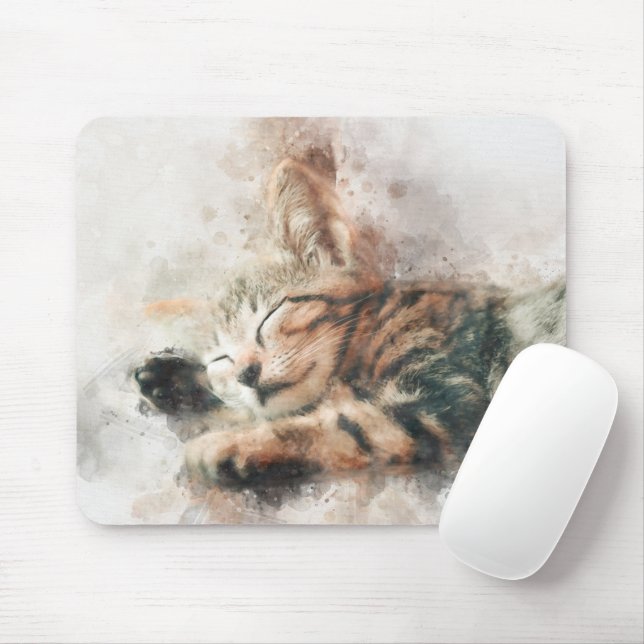 Beautiful and cute kitten sleeping watercolor mouse pad (With Mouse)