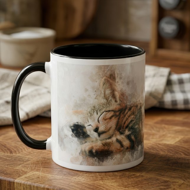 Beautiful and cute kitten sleeping watercolor mug (Beautiful and cute kitten sleeping watercolor. mug)